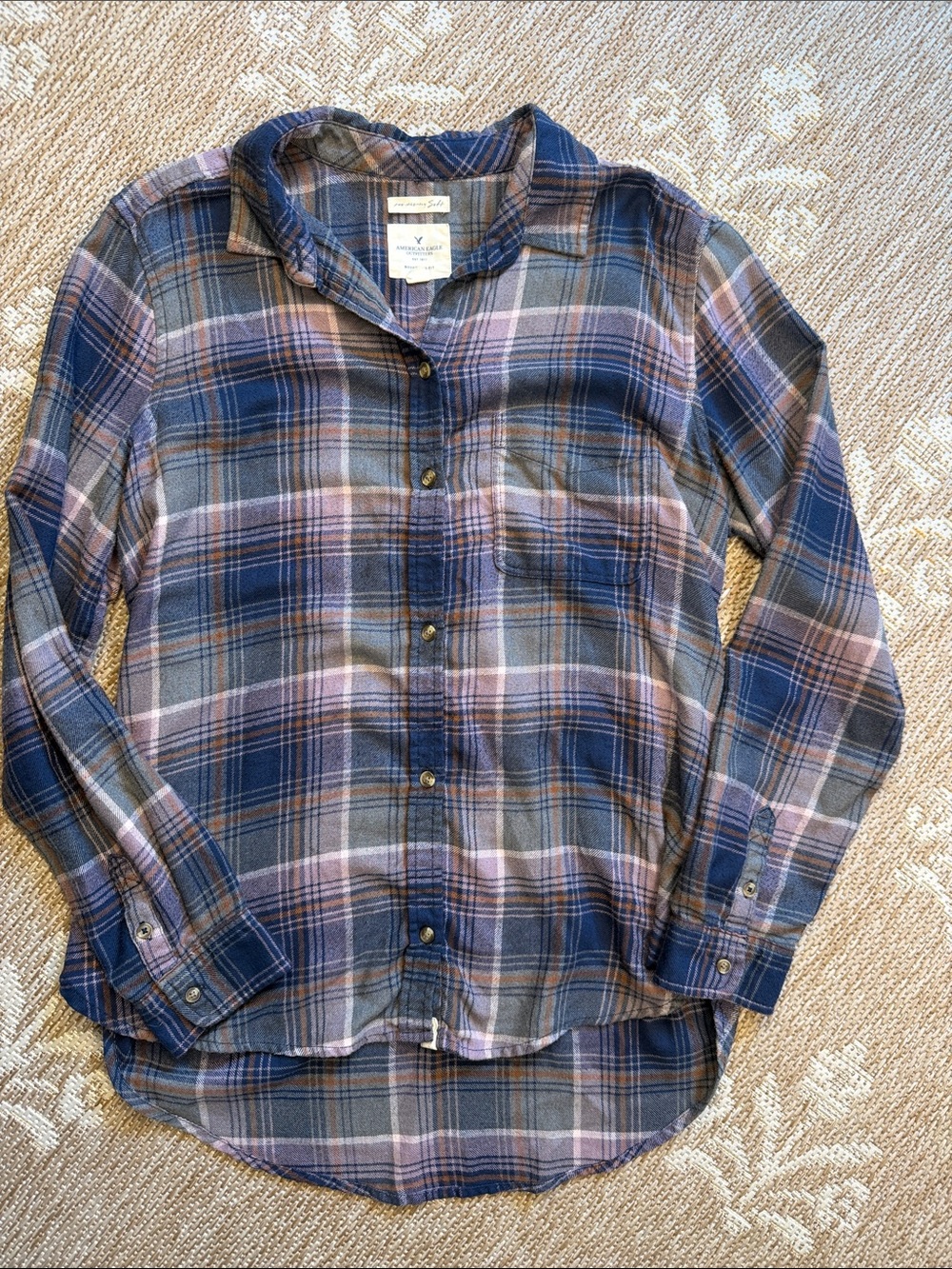 American Eagle Outfitters boyfriend fit Navy and Lavender Plaid Button-Down Shir